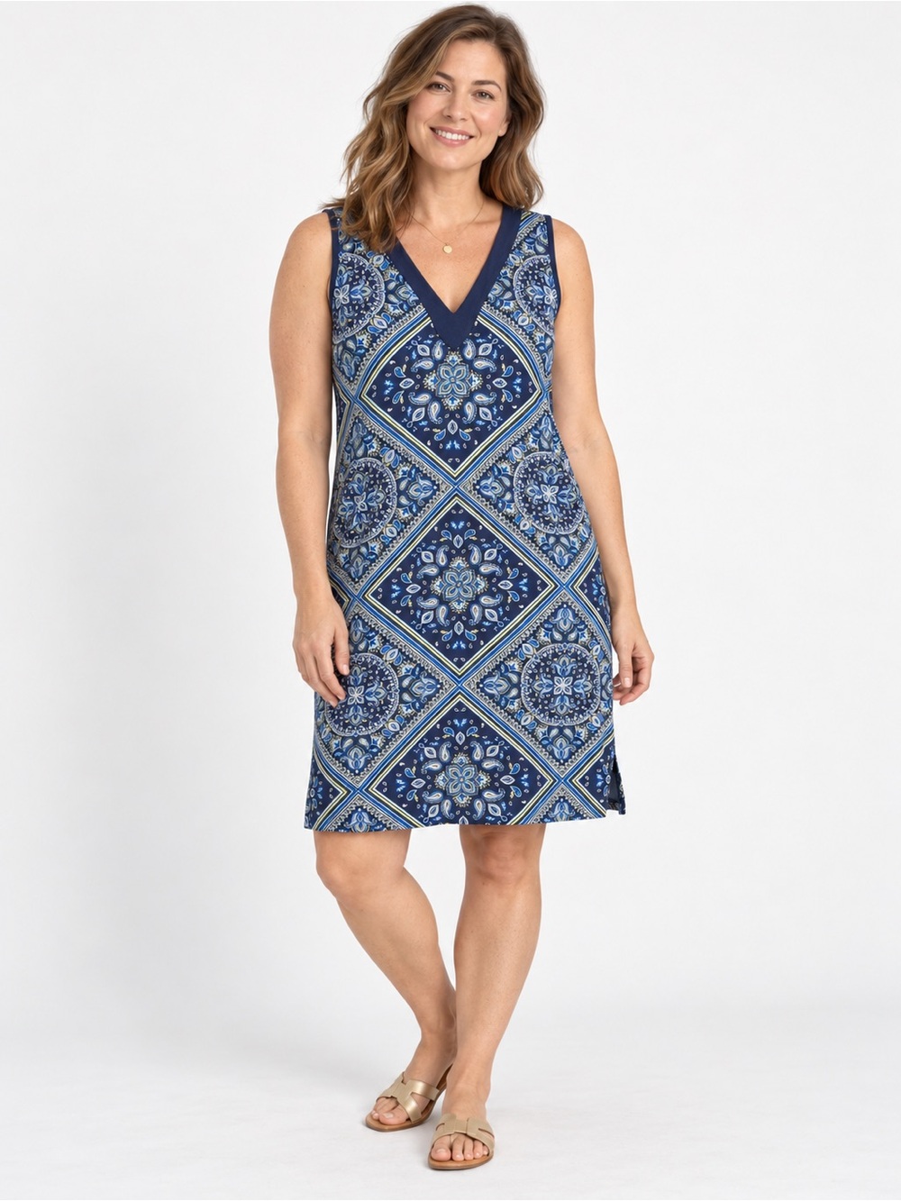 Lands’ End Navy Paisley Cotton Shift Dress M 10-12 Sleeveless